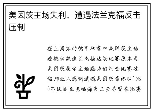 美因茨主场失利，遭遇法兰克福反击压制