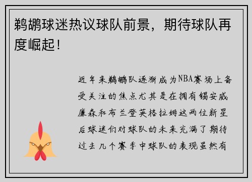 鹈鹕球迷热议球队前景，期待球队再度崛起！